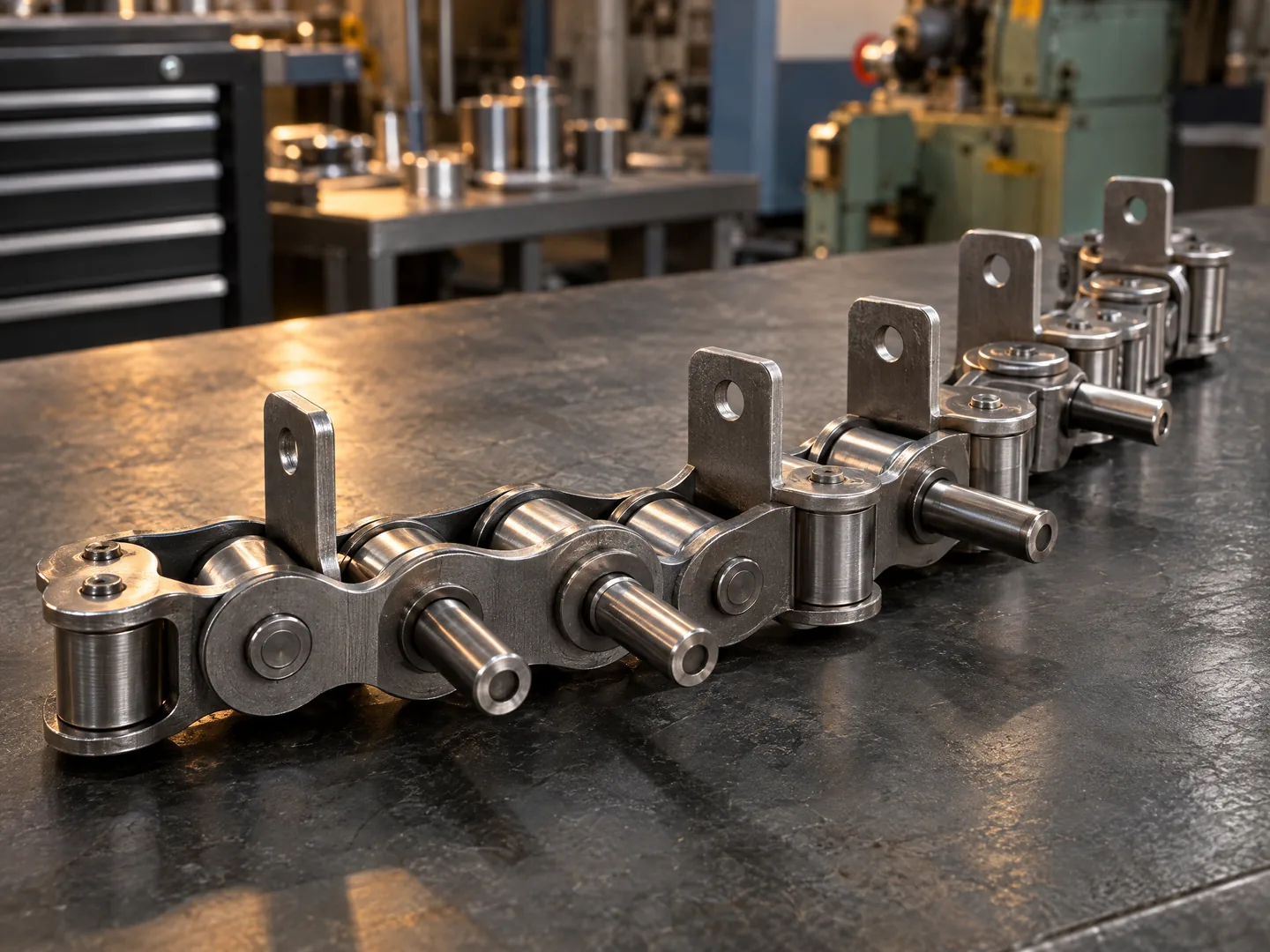 Cadena de ingeniería de acero con aditamentos especiales fabricada para una aplicación industrial