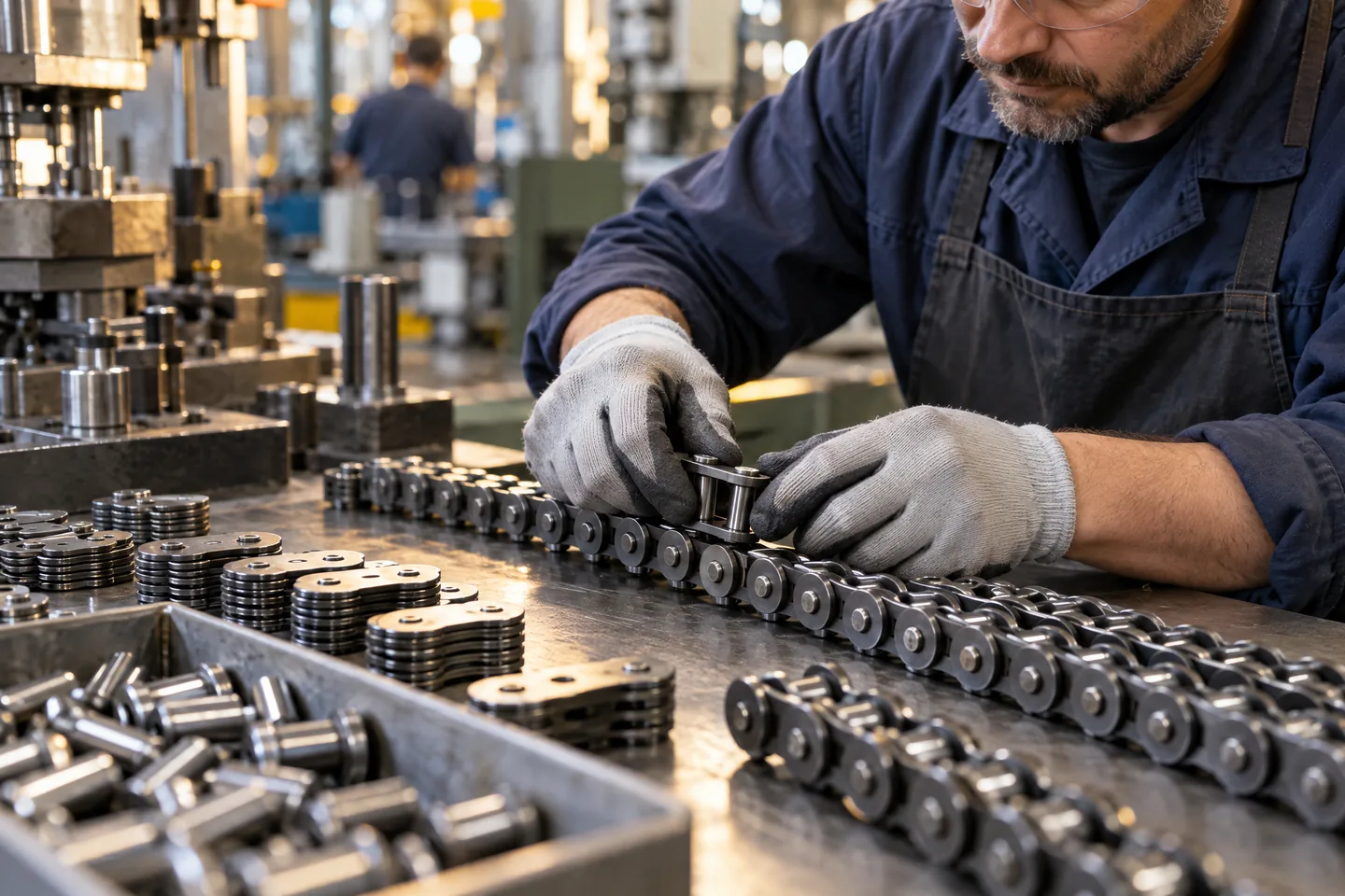 Componentes de cadenas de acero preparados para su ensamble y revisión de calidad