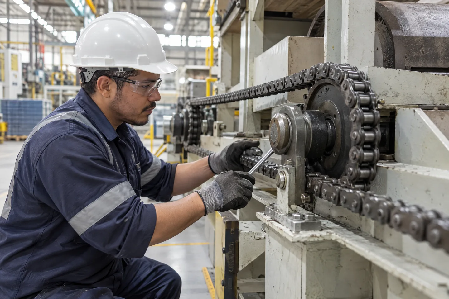 Especialista revisando una cadena industrial durante un levantamiento técnico en planta